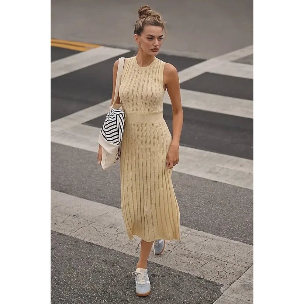 Varley Florian Yellow Pointelle Cable Knit Sleeveless Midi Dress 100% Cotton M